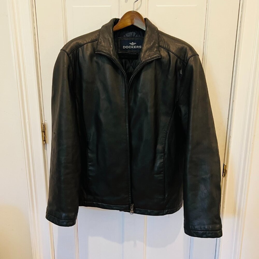 Vintage Dockers Men's L Quilted Soft Leather Iconic Bomber Jacket Coat Black - Picture 11 of 16